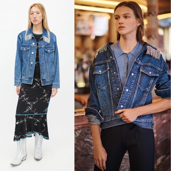 SANDRO Crystal Rhinestone Fringe Collar Oversized Denim Trucker Jean Jacket M - Picture 1 of 15